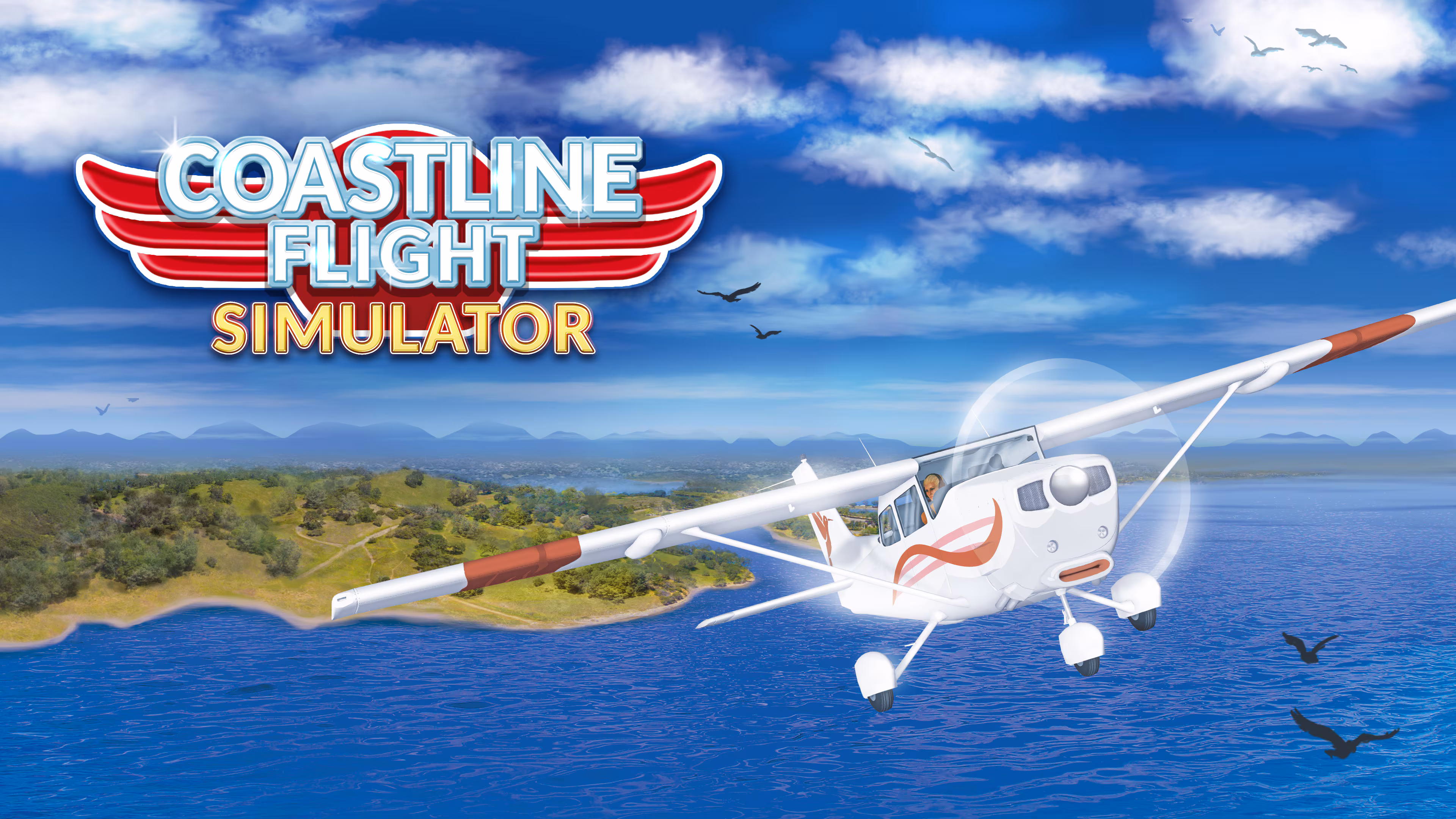 Aircraft flying above a coastal landscape.